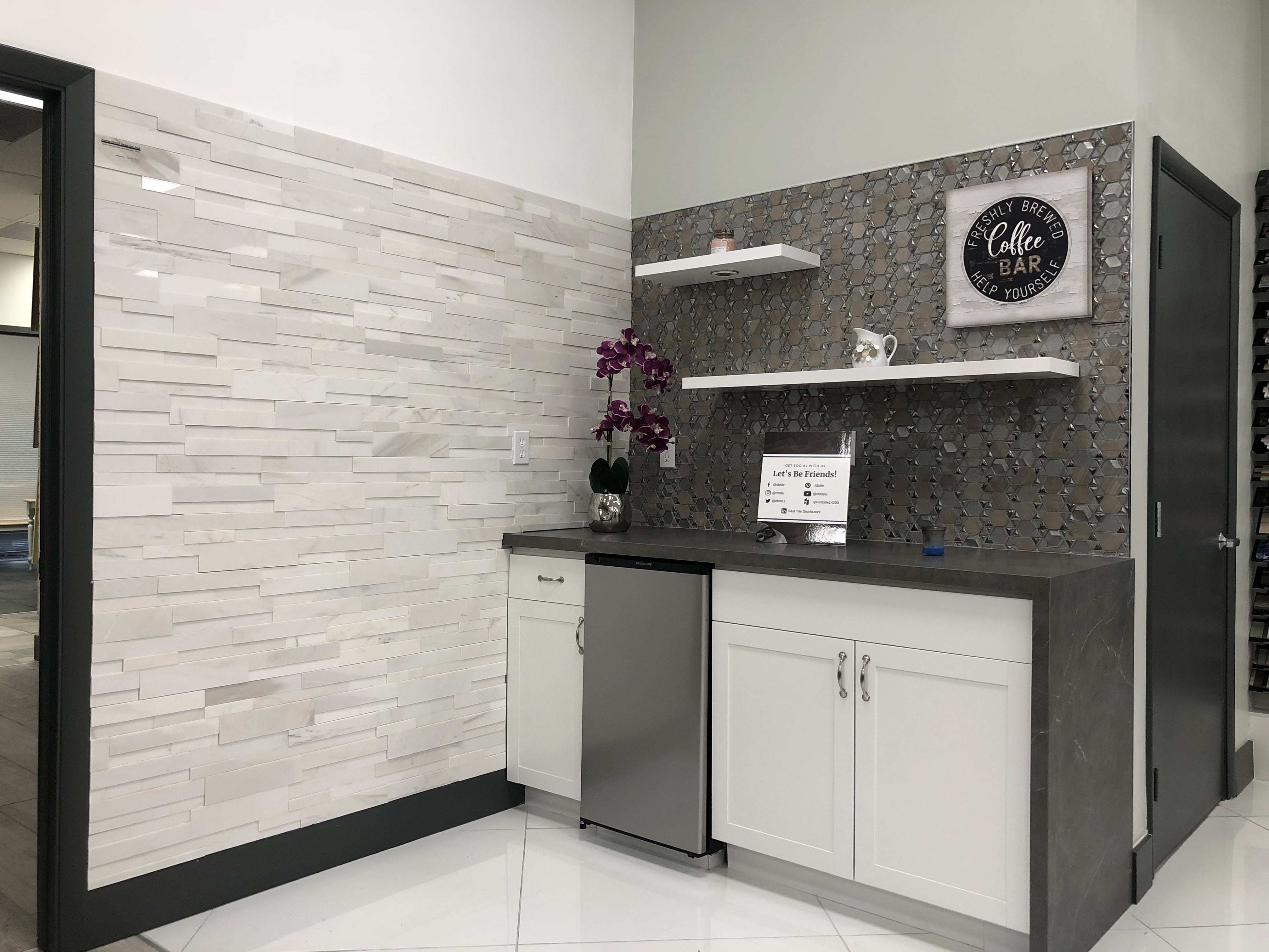 Norstone White Marble Aksent 3D Stone Panels on Feature Wall in Tile Showroom